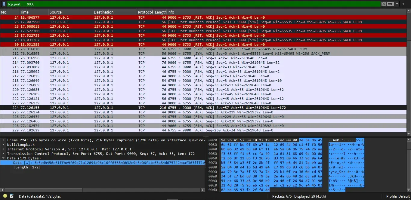 Wireshark capture of device-to-edge TCP traffic, with the payload shown only as encrypted bytes.