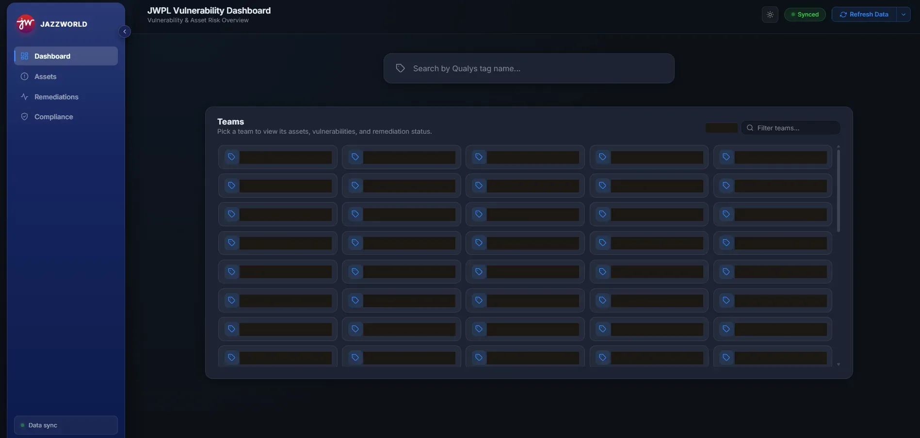Dashboard home listing team tags pulled from Qualys as a grid of tiles. Every team name is redacted with black bars.